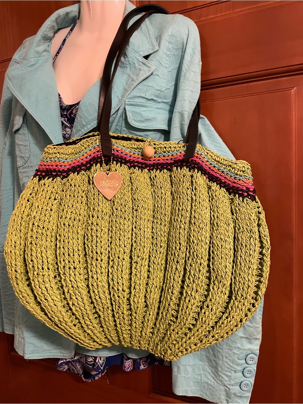 Maggi B Woven Tote Bag in Lime Green with Leather Handles